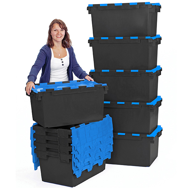 LC3-P/BLACK/COLOUR-LID Recycled 80 Litre Plastic Storage Crates (710 x 460  x 368mm) Boxes with Coloured Hinged Lids