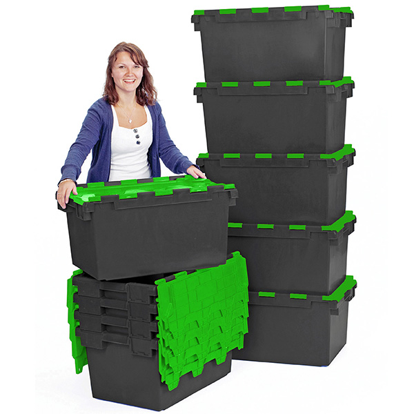 LC3-P/BLACK/COLOUR-LID Recycled 80 Litre Plastic Storage Crates (710 x 460  x 368mm) Boxes with Coloured Hinged Lids