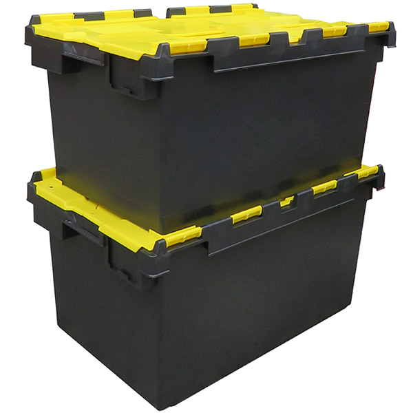 LC3-P/BLACK/COLOUR-LID Recycled 80 Litre Plastic Storage Crates (710 x 460  x 368mm) Boxes with Coloured Hinged Lids