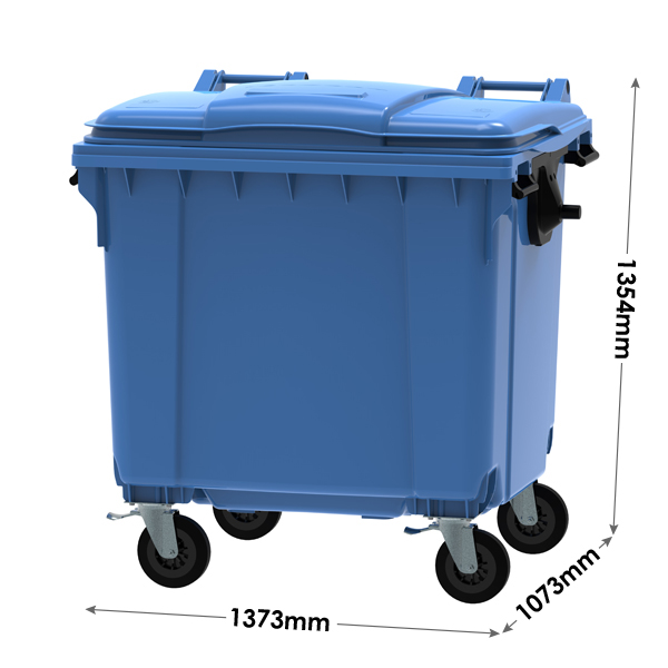 Blue 1100 Litre Wheeled Bin With 4 Wheels And Flat Top Plastor