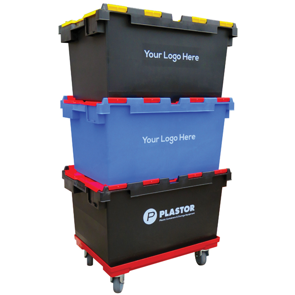 LC3-P/BLACK/COLOUR-LID Recycled 80 Litre Plastic Storage Crates (710 x 460  x 368mm) Boxes with Coloured Hinged Lids