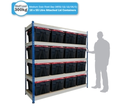 Shelving Bay with 16 x PLAS52ALC (52 Litre) Attached Lid Containers