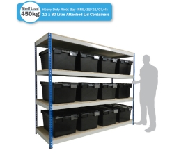 Heavy Duty Shelving Bay with 12 x LC3-V/Plastor/Black (80 Litre) Attached Lid Containers