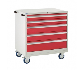 Mobile Euroslide cabinet with 5 drawers in red