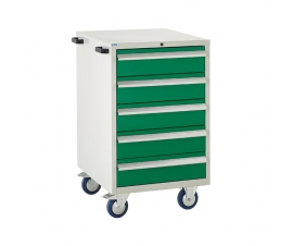 Mobile Euroslide cabinet with 5 drawers in green