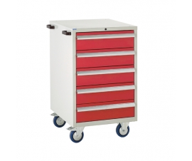 Mobile Euroslide cabinet with 5 drawers in red