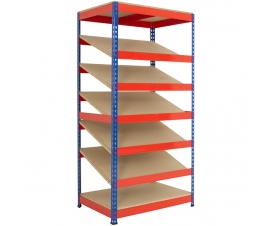 Shelving bay with 5 sloping shelves