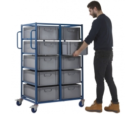 Double Width Mobile Tray Rack With 10 Containers In Use