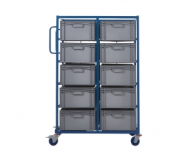 Double Width Mobile Tray Rack With 10 Containers Side View