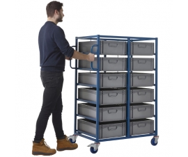 Double Width Mobile Tray Rack with 12 Containers In Use