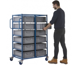 Double Width Mobile Tray Rack with 12 Containers In Use