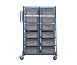 Double Width Mobile Tray Rack with 12 Containers Side View