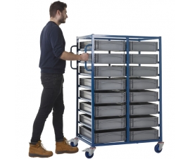 Double Width Mobile Tray Rack With 16 Containers In Use