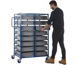 Double Width Mobile Tray Rack With 16 Containers In Use