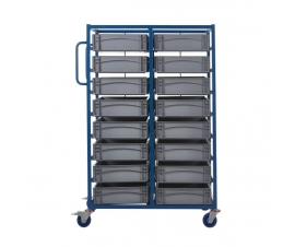 Double Width Mobile Tray Rack With 16 Containers Side View