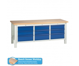 Heavy Duty Workbenc with Beech Veneer Worktop & 3 x 3 Drawer Sets