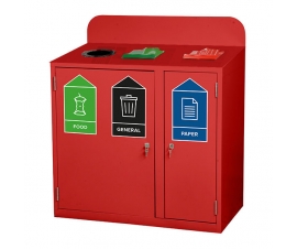 3 Bay Recycling Bin In Red With Example Stickers