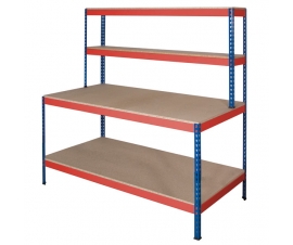 Rivet Workstation Bench with Full Undershelf in Blue and Orange