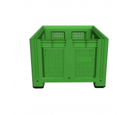 Large Vented Plastic Pallet Box with 2 Runners In Green End View