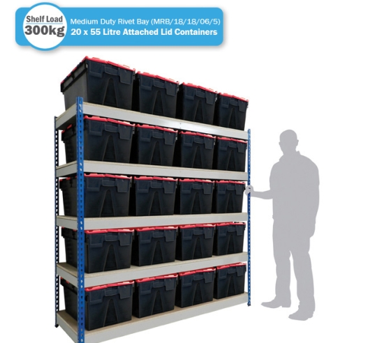 Shelving Bay with 20 x PLAS55LE/Black/Coloured (55 Litre) Attached Lid Containers