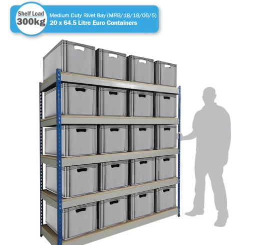 Shelving Bay with 20 x BK-ES64/32 (64.5 Litre) Euro Stacking Containers
