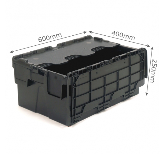 Black 40 litre plastic containers with hinged lids