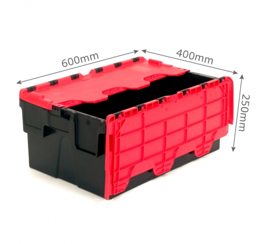 Red and black 40 litre plastic containers with hinged lids