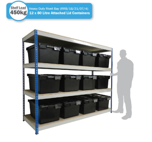 Heavy Duty Shelving Bay with 12 x LC3-V/Plastor/Black (80 Litre) Attached Lid Containers