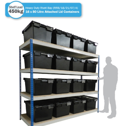 Heavy Duty Shelving Bay with 16 x LC3-V/Black (80 Litre) Attached Lid Containers