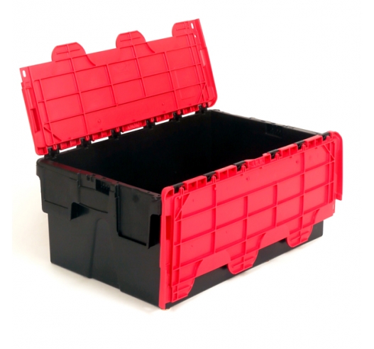 Storage crates with black body and red lids