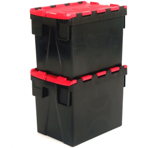 Black and Red Plastic Crates Stacked