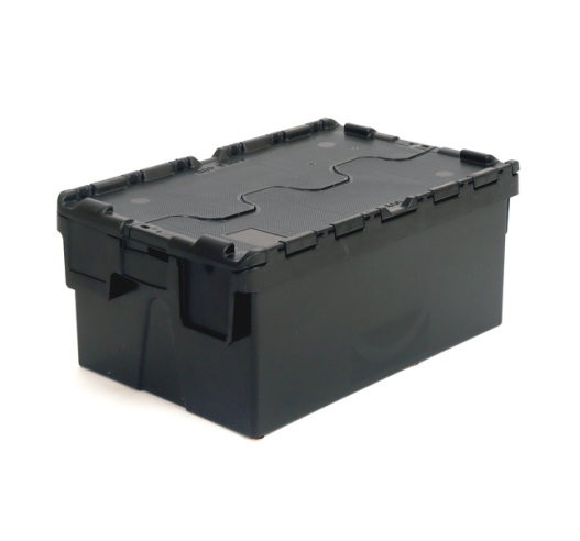 Black 40 litre plastic containers with hinged lids