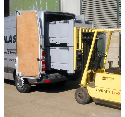 Plastic Pallet Boxes being loaded on to van with Forklift Truck