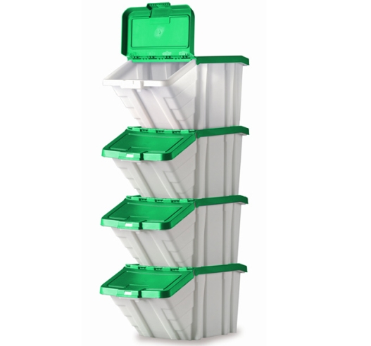 Stacked Picking Bins with Green Hinged Lids