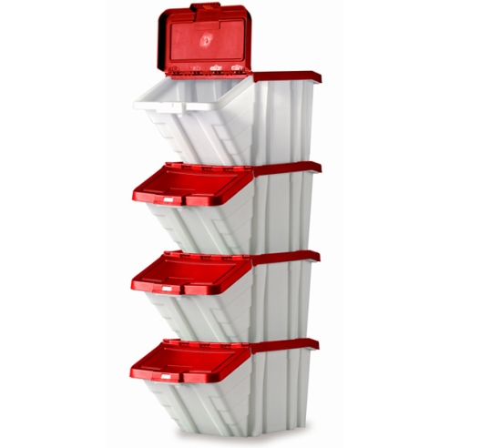 Stacked Picking Bins with Red Hinged Lids