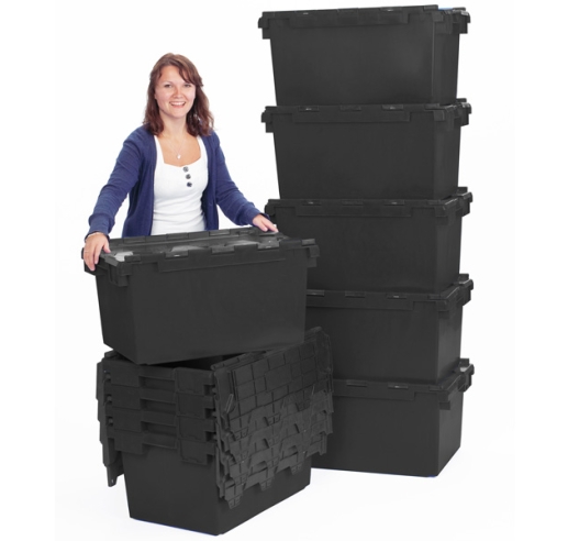 Black stacked plastic crates