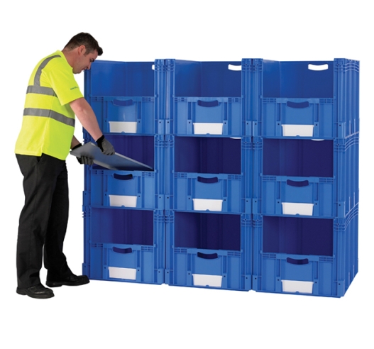 9 x Large Euro Plastic Containers with Open Fronts to Create 800mm Deep Pick Wall
