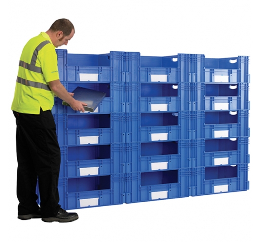 12 x Large Euro Plastic Containers with Open Sides to Create 600mm Deep Pick Wall