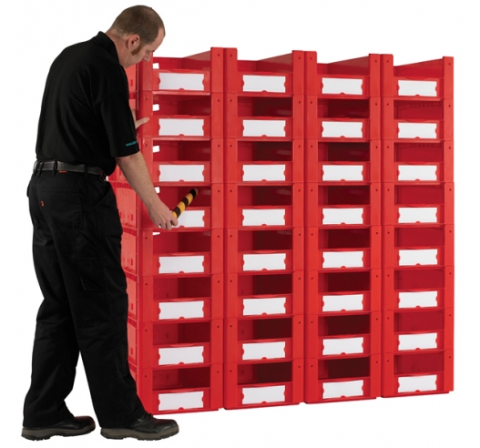 Pick Wall Of 32 Medium Plastic Euro Containers With Open Fronts