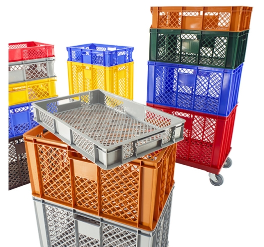 Stack of coloured ventilated containers
