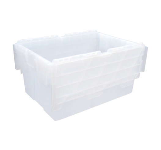 Clear (Transparent) Plastic Crates 55 Litre with Hinged Attached Lids