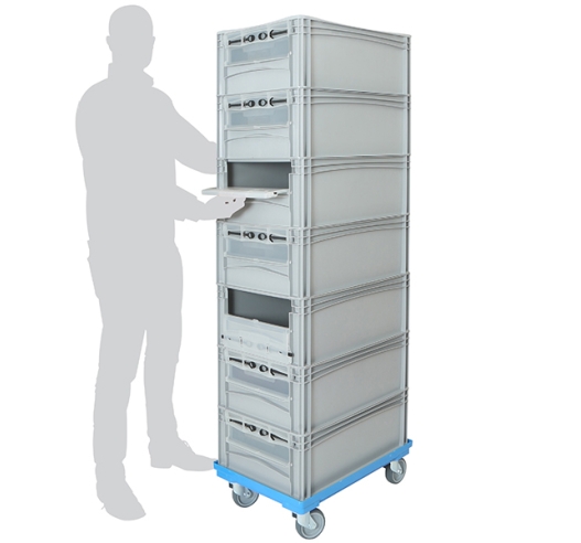 Order picking trolley with 7 euro containers with drop down doors