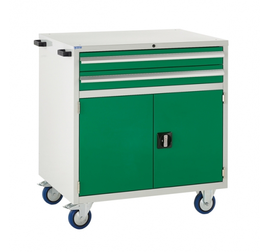 Mobile Euroslide cabinet with 2 drawers and 1 cupboard in green