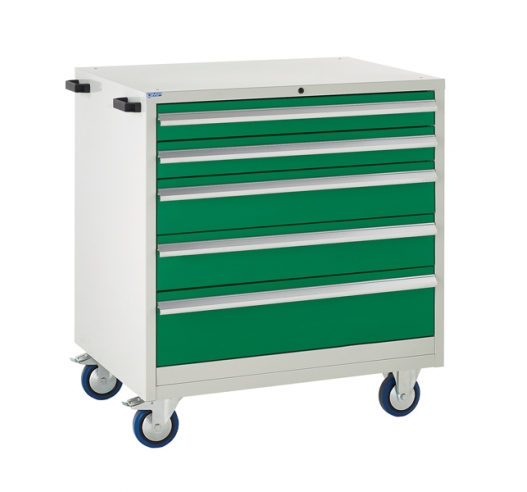 Mobile Euroslide cabinet with 5 drawers in green