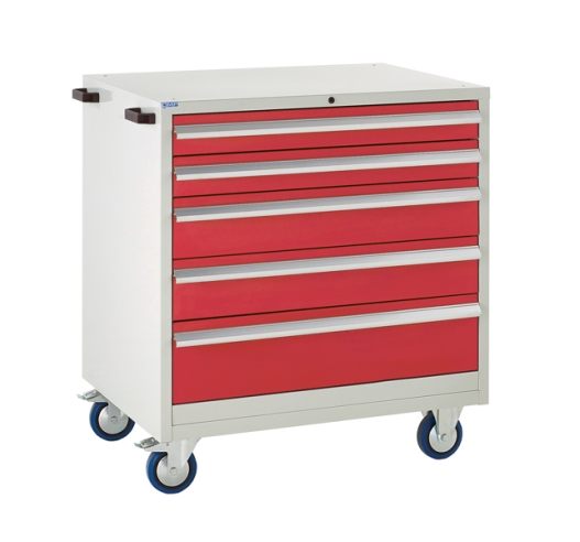 Mobile Euroslide cabinet with 5 drawers in red