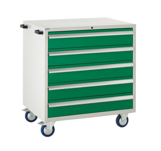 Mobile Euroslide cabinet with 5 drawers in green