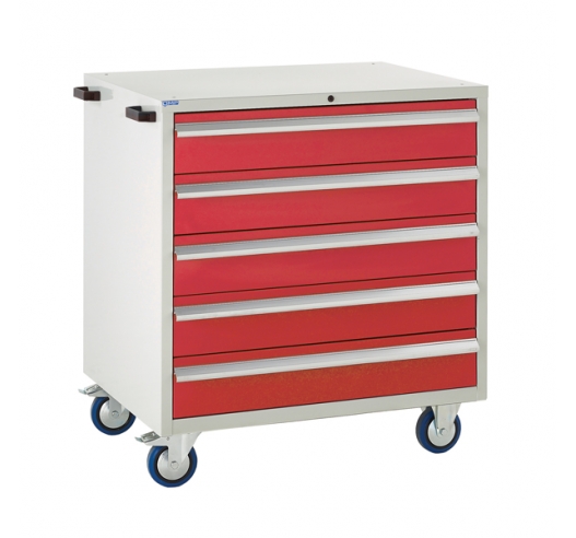 Mobile Euroslide cabinet with 5 drawers in red