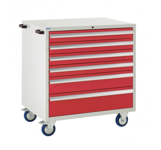 Mobile Euroslide cabinet with 6 drawers in red