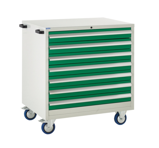 Mobile Euroslide cabinet with 7 drawers in green