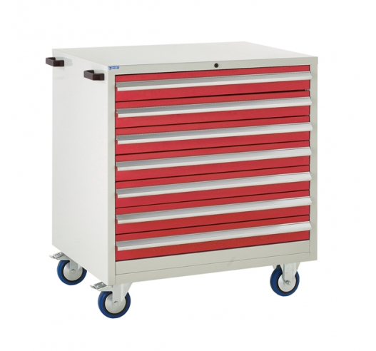 Mobile Euroslide cabinet with 7 drawers in red